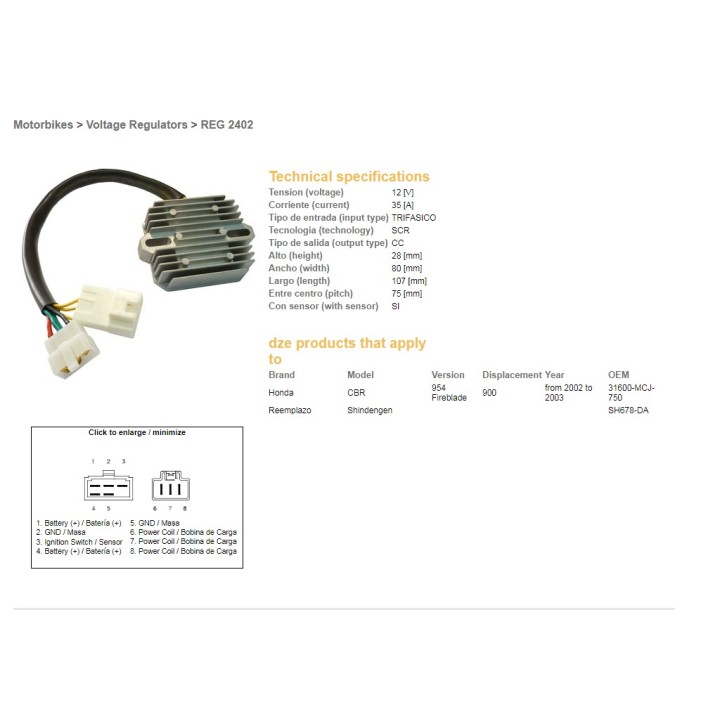 DZE regulator napięcia honda cbr 900RR '02-'03 (CBR954) (ESR690) (31600-MCJ-750) (SH678DA) (35A)