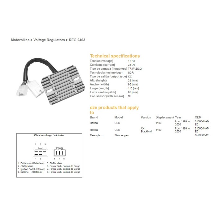 DZE regulator napięcia honda cbr 1100XX '99-'00 (31600-MAT-E01) (SH579C-12) (ESR684)