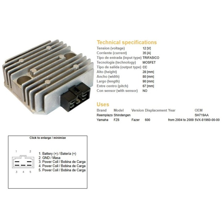 DZE regulator napięcia yamaha FZ6 '04-'09; fazer 600 '04-'09 (ESR269) (5VX-81960-00-00)