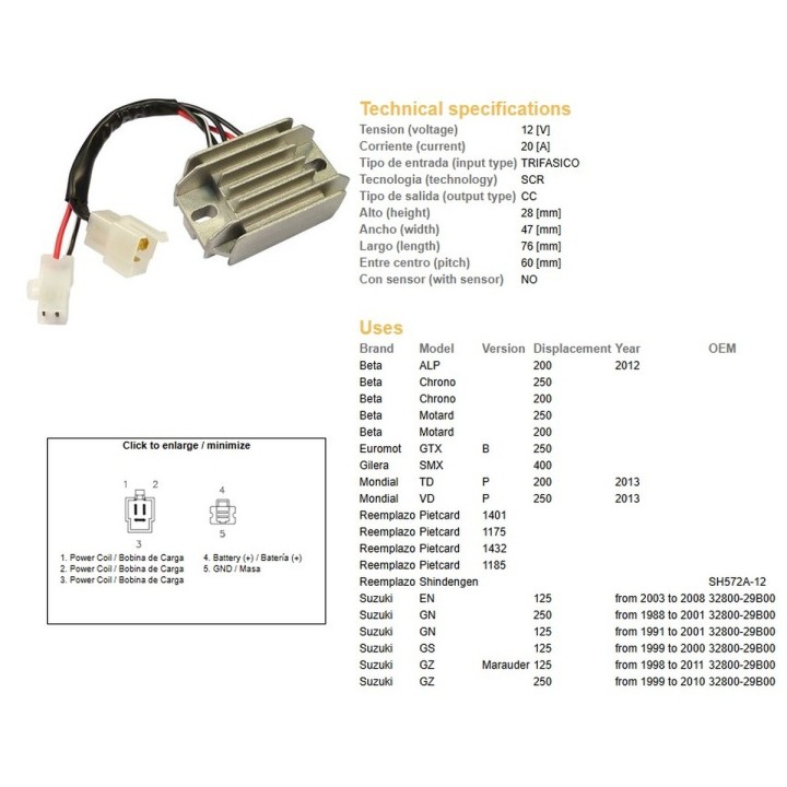 DZE regulator napięcia suzuki gn 125 '91-'01; gn 250 '88-'01; gs 125 '99-'00; en 125 '03-'08; beta (ESR142) (32800-29B00)