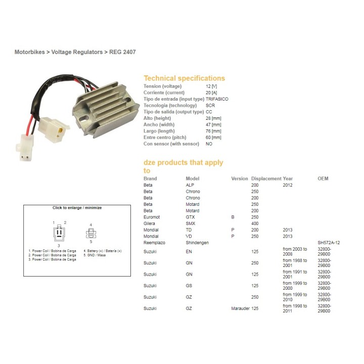 DZE regulator napięcia suzuki gn 125 '91-'01; gn 250 '88-'01; gs 125 '99-'00; en 125 '03-'08; beta (ESR142) (32800-29B00)