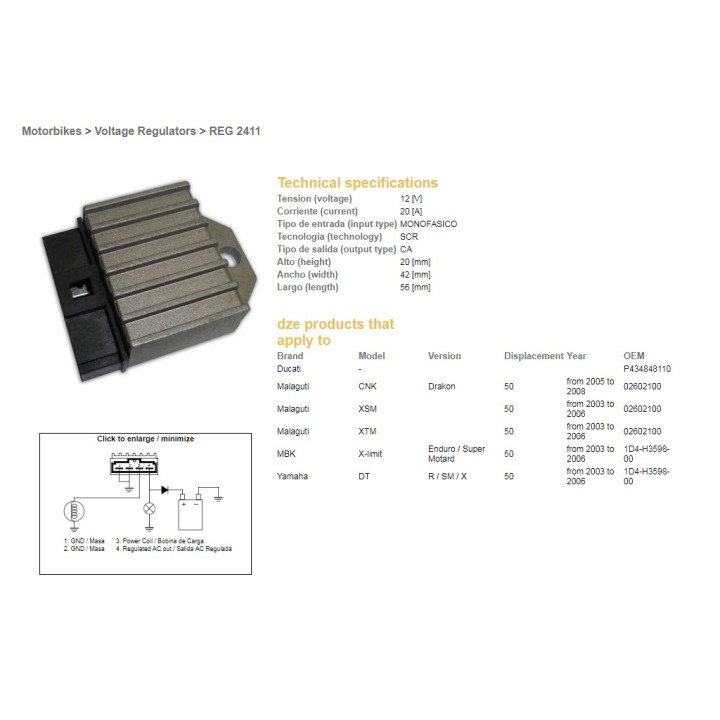 DZE regulator napięcia yamaha dt 50 '03-'06; malaguti 50 '03-'06; mbk 50 '03-'06; ducati (1D4-H3598-00)