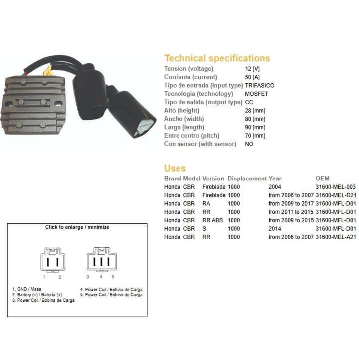 DZE regulator napięcia honda cbr 1000RR fireblade '04-'15 (50A) (31600-MFL-D01; 31600-MEL-A21) (ESR680;ESR439)