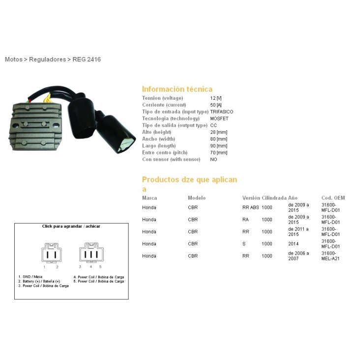 DZE regulator napięcia honda cbr 1000RR fireblade '04-'15 (50A) (31600-MFL-D01; 31600-MEL-A21) (ESR680;ESR439)