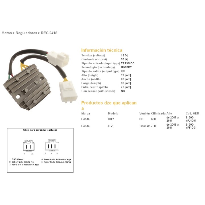 DZE regulator napięcia honda cbr 600RR '07-'12; xl 700V transalp '08-'11 (50A) (31600-MFJ-D01)