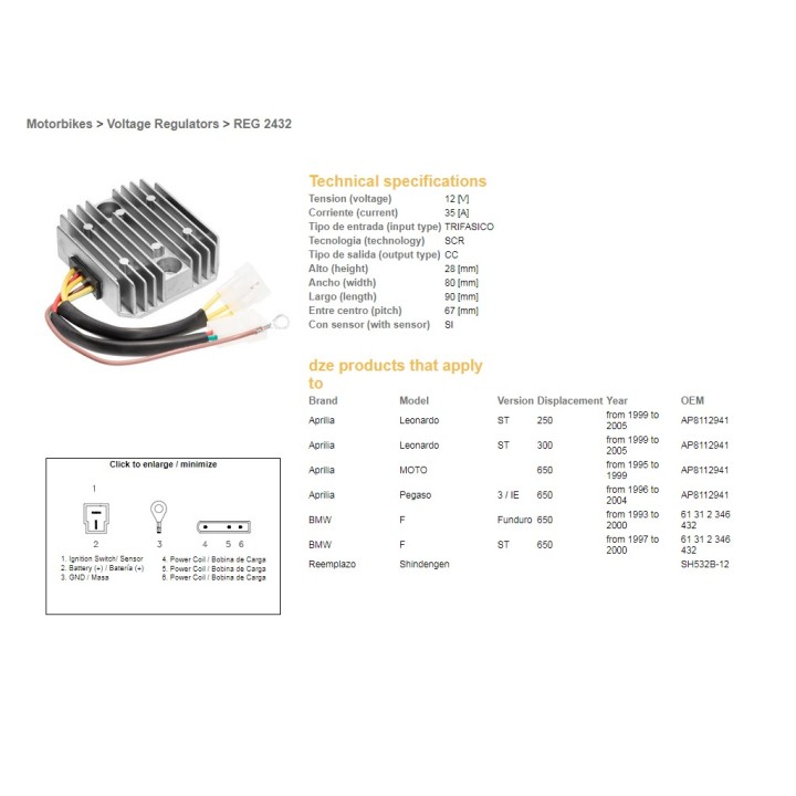 DZE regulator napięcia bmw f 650F/ST '93-'00; aprilia 650 pegaso '96-04; leonardo 250/300ST '99-'05 (SH532B-12) (61312346432, A…