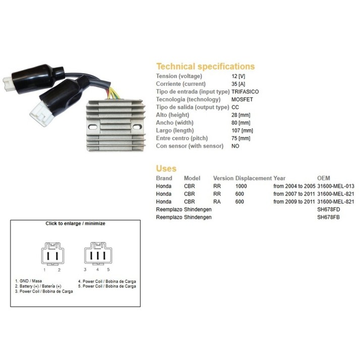 DZE regulator napięcia honda cbr 600RR '07-'11; cbr 1000RR '04-'05 (31600-MEL-821) (ESR439) (SH678FD; SH678FB)