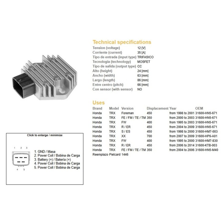 DZE regulator napięcia honda trx 350FE/FM/TE/TM '00-06; trx 400FW '95-'03; trx 450 foreman '98-'14 (ESR583) (31600-HN5-671) (35…