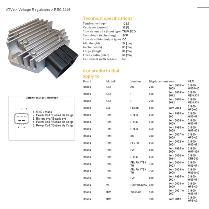DZE regulator napięcia honda trx 350FE/FM/TE/TM '00-06; trx 400FW '95-'03; trx 450 foreman '98-'14 (ESR583) (31600-HN5-671) (35…