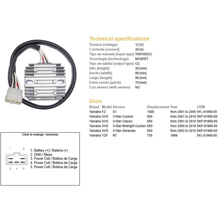 DZE regulator napięcia yamaha xvs 650 v-star '01-'16; yzf 750 R7 '99; fzs 1000 '01-'05; (5KP-81960-00) (35A) (ESR266) (5FL-8196…