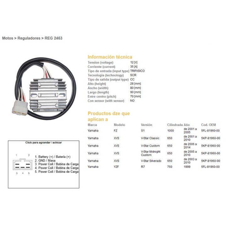 DZE regulator napięcia yamaha xvs 650 v-star '01-'16; yzf 750 R7 '99; fzs 1000 '01-'05; (5KP-81960-00) (35A) (ESR266) (5FL-8196…
