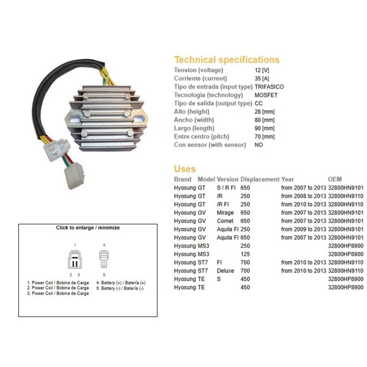 DZE regulator napięcia hyosung gt 250R '08-'13; gt 650S/R '08-'13; gv 250 '09-'13; gv 650 '07-'13; MS3 125/250; ST7 700 '10-'13…