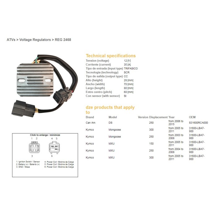 DZE regulator napięcia kymco mxu 150/250/300 '04-'11; can am ds 250 '06-'15; arctic cat 150/250/300 '06-'19 (35A) (31600-LBA7-9…