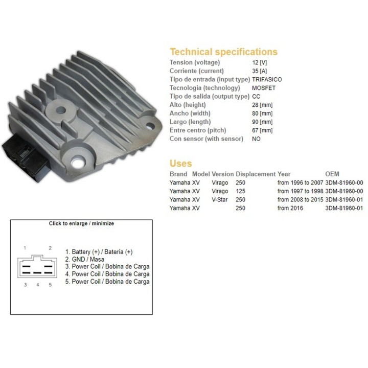 DZE regulator napięcia yamaha xv 125 virago '97-'98; xv 250 virago '96-'07; xv 250 v-star '08-'15 (3DM-81960-00)