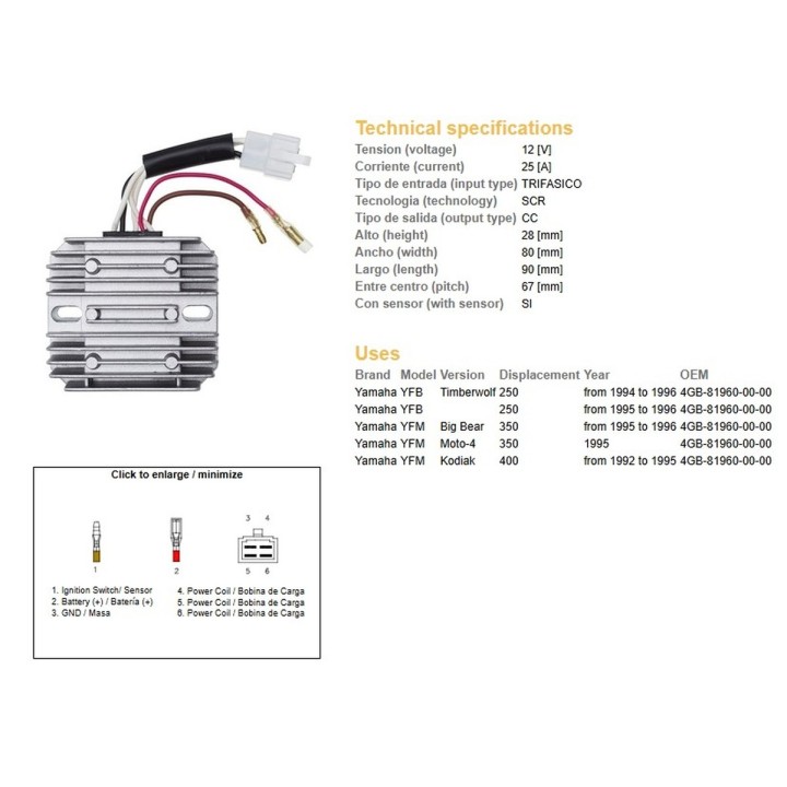 DZE regulator napięcia yamaha yfb 250 timberwolf '94-'96; yfm 350 big bear '95-'96; yfm 400 kodiak '92-'95 (4GB-81960-00-00)