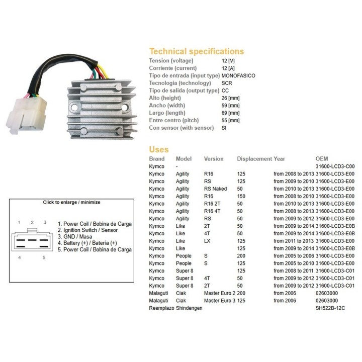 DZE regulator napięcia kymco agility 50/125/150 '08-'13; people 125/200 '05-'10; super 8 50/125 '08-'12 (oem 31600-LCD3-C01)