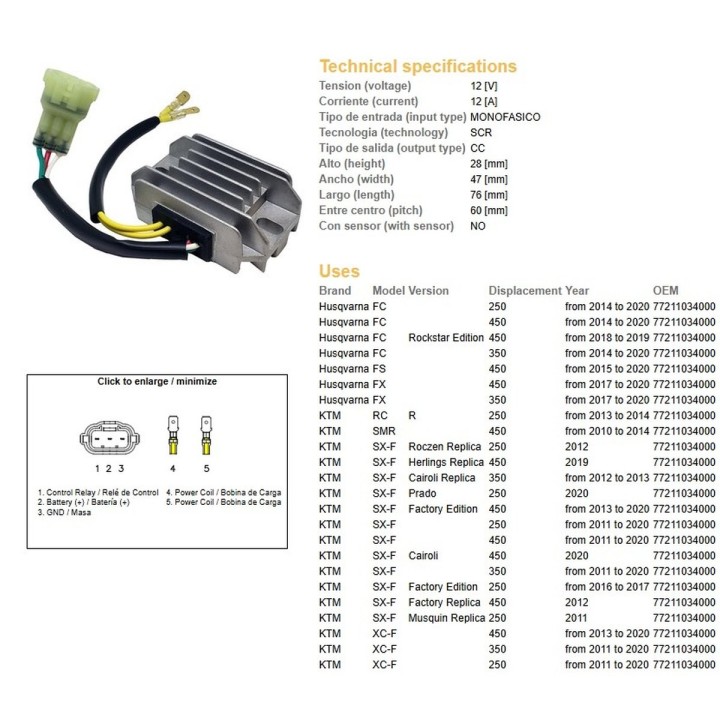 DZE regulator napięcia husqvarna fc/fs/fx 250/350/450 '14-'20; ktm sx-f 250/350/450 '11-'20; xc-f 250/350/450 '11-'20 (oem 7721…