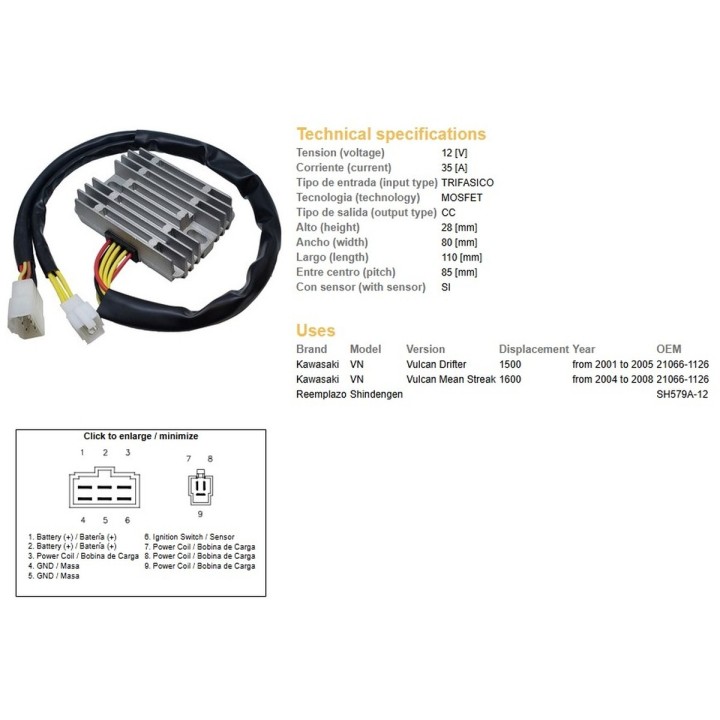 DZE regulator napięcia kawasaki vn 1500 vulcan '01-'05; vn 1600 vulcan '04-'08 (oem 21066-1126) (SH579-A12)
