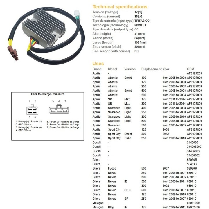DZE regulator napiecia aprilia atlantic/scarabeo 125/250/400/500 '05-'08; piaggio MP3/X7/X8/X9 '05-'11 (oem AP8127809) (oem 580…