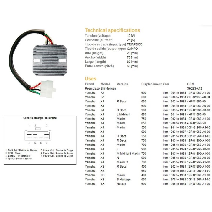 DZE regulator napięcia yamaha xj 550/600/650/750/900 '80-'89; xs 650 '78-'83; yx 600 radian '86-'88 (12R-81960-A1-00; 4H7-81960…