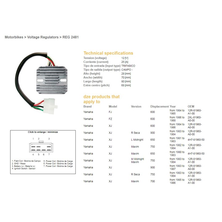 DZE regulator napięcia yamaha xj 550/600/650/750/900 '80-'89; xs 650 '78-'83; yx 600 radian '86-'88 (12R-81960-A1-00; 4H7-81960…
