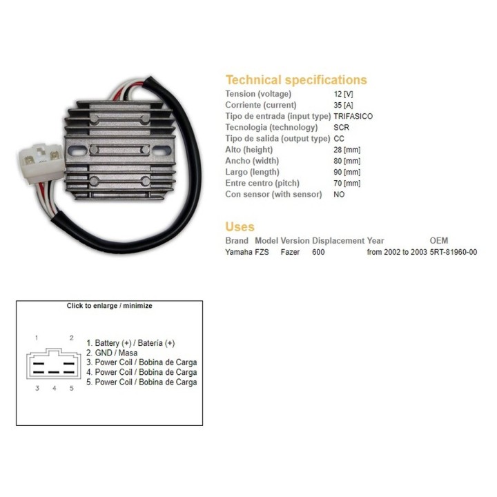 DZE regulator napięcia yamaha fzs 600 fazer '02-'03 (5RT-81960-00) 35A