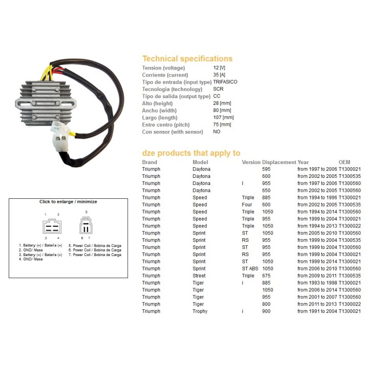 DZE regulator napięcia triumph daytona 600/650 '02-'05; daytona 955I '97-'06; sprint 955RS/ST '99-'04; sprint 1050 '06-'14; str…