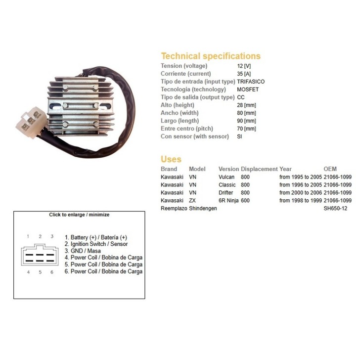 DZE regulator napięcia kawasaki vn 800 vulkan '95-'05; vn 800 classic '96-'05; vn 800 drifter '00-'06; ZX6R '98-'92 (35A) (ESR2…