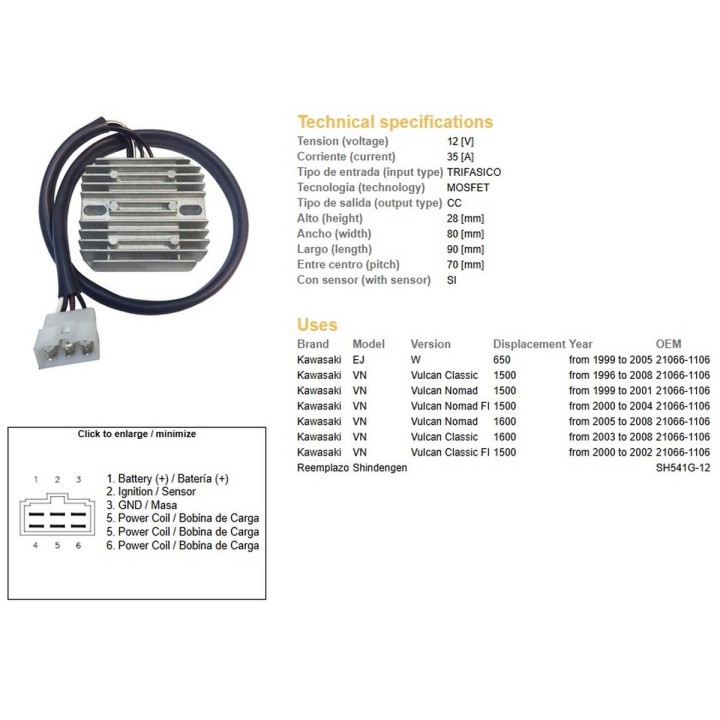 DZE regulator napięcia kawasaki w 650 '99-'05; vn 1500 vulcan '96-'08; vn 1600 '00-'08 (21066-1106) (ESR264) (SH541G-12)