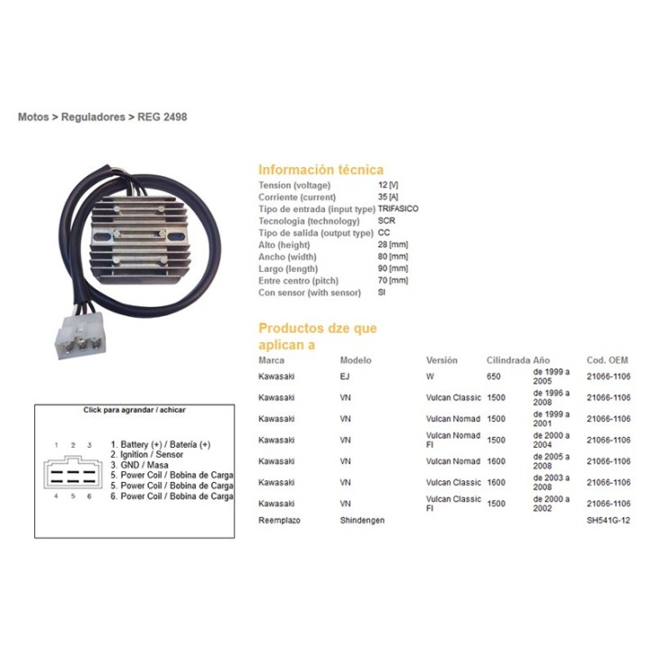 DZE regulator napięcia kawasaki w 650 '99-'05; vn 1500 vulcan '96-'08; vn 1600 '00-'08 (21066-1106) (ESR264) (SH541G-12)