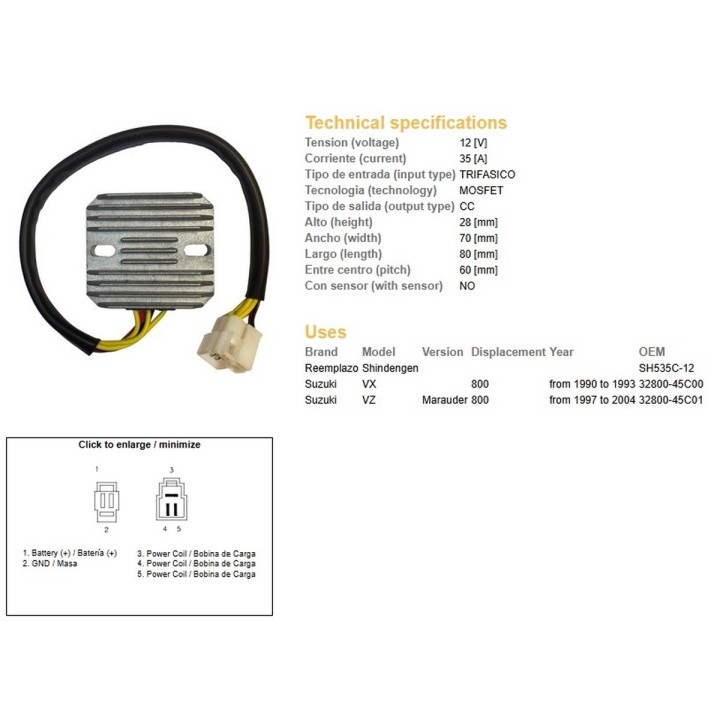 DZE regulator napięcia suzuki vz 800 marauder '97-'04, vx 800 '90-'93 (SH535C-12) (32800-45C00, 32800-45C01) (ESR560)