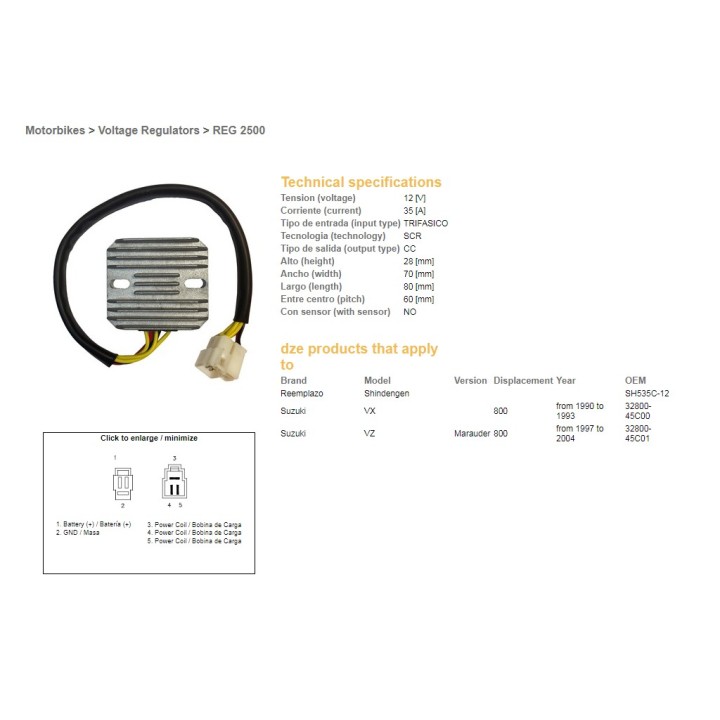 DZE regulator napięcia suzuki vz 800 marauder '97-'04, vx 800 '90-'93 (SH535C-12) (32800-45C00, 32800-45C01) (ESR560)