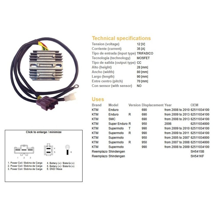 DZE regulator napięcia ktm 690R enduro '08-'13; 950R super enduro '06-; supermoto 950/990R '05-'11 (OEM-62511034000) (SH541SB,…