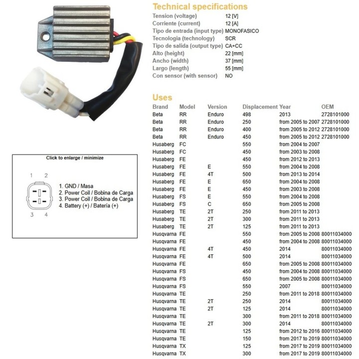 DZE regulator napięcia ktm EXC 125/200/250/300/400/525/530 '98-'13; xc-w 250/450/525 '07-'08; husqvarna te/tx/fe/fc/fs 125/250/…