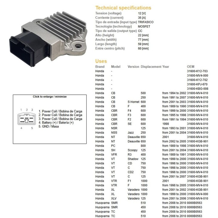 DZE regulator napięcia honda sh 125 scoopy '01-'04; vt 125C '01-'07; xlv 125 varadero '01-'06; cb 250 '91-'07; cb 500 '94-'02;…