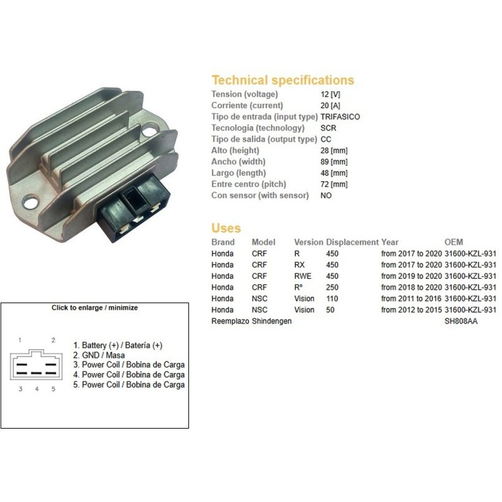 DZE regulator napięcia honda nsc 50 vision '12-'15; nsc 110 vision '11-'16; crf 250R '18-'20; crf 450R '17-'20 (oem 31600-KZL-9…