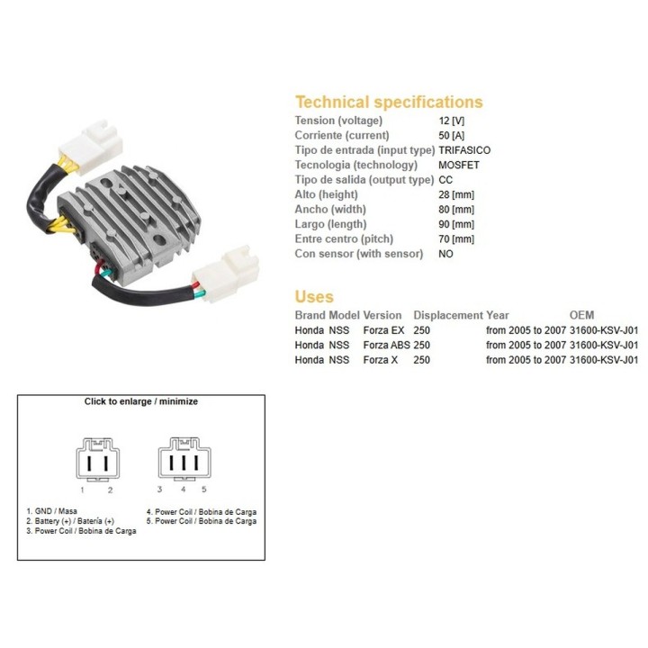 DZE regulator napięcia honda nss 250 forza '05-'07 (oem 31600-KSV-J01) mosfet (50A)