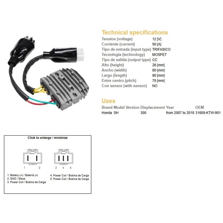 DZE regulator napięcia honda sh 300 '07-'10 (oem 31600-KTW-901) mosfet (50A)
