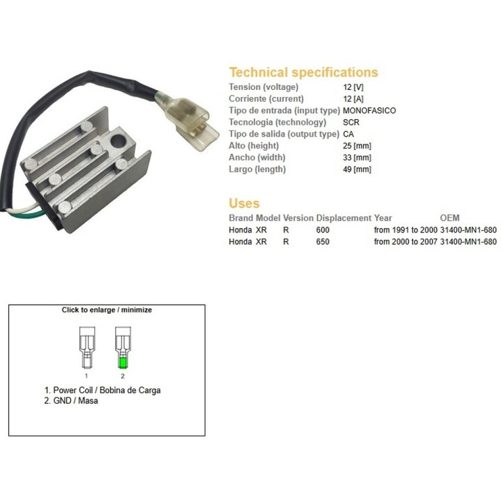 DZE regulator napięcia honda XR 600R '91-'00; XR 650R '00-'07 (oem 31400-MN1-680) (12A)