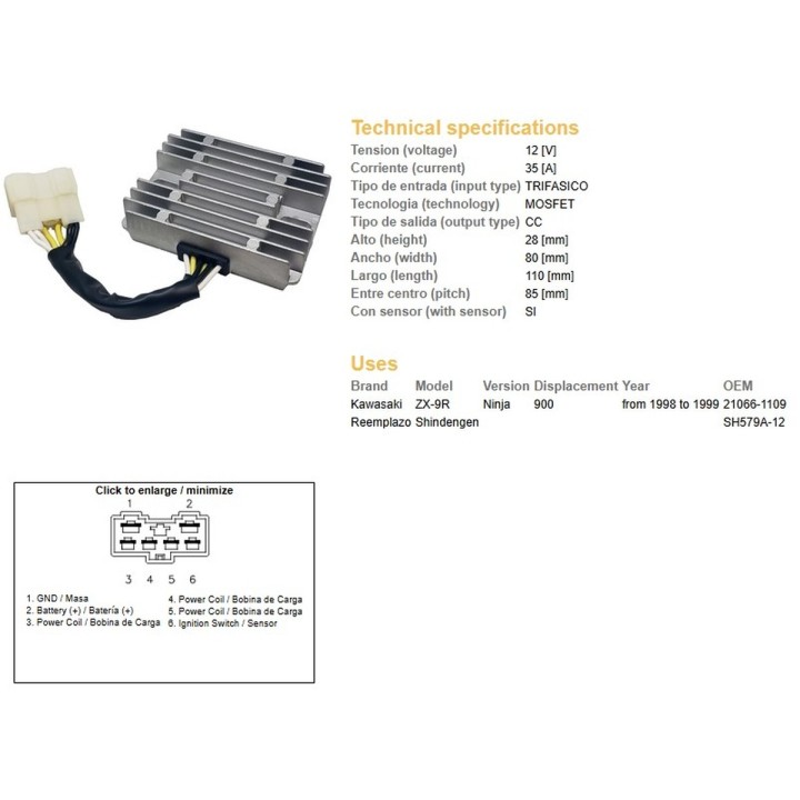DZE regulator napięcia kawasaki ZX-9R ninja '98-'99 (oem 21066-1109) mosfet (35A)
