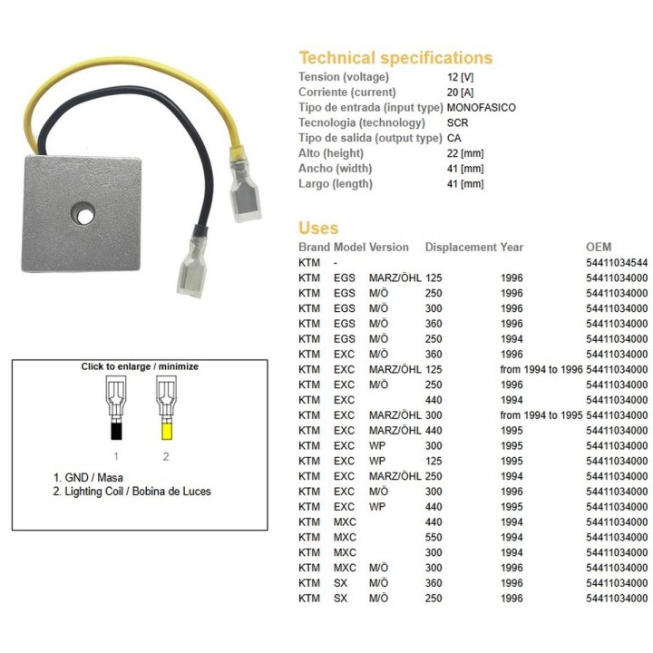 DZE regulator napięcia ktm egs 125/250/300/360 '94- '96; EXC 125/250/300/360 '94-'96; mxc 300/440/550 '94, SX 250/360 '96 (oem…