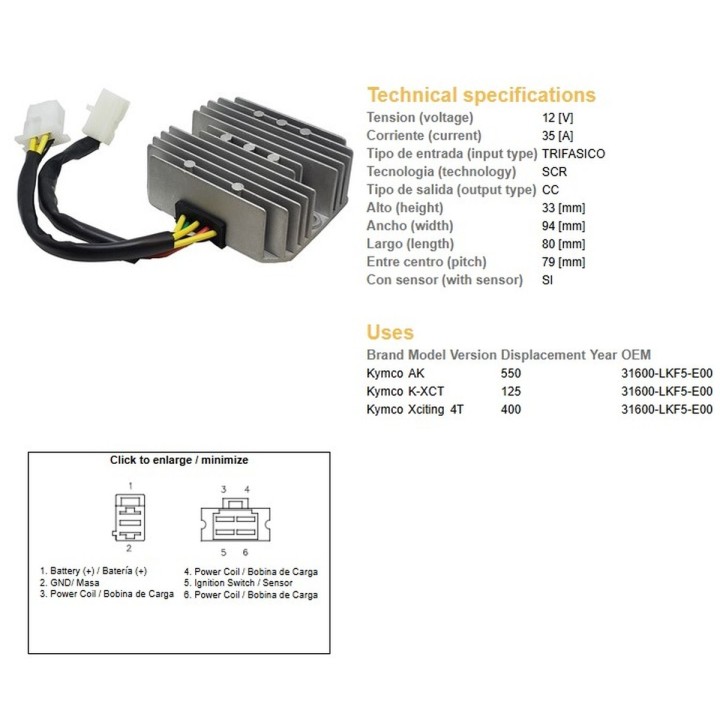 DZE regulator napięcia kymco k-xct 125; xciting 400; ak 550 (wszystkie roczniki) (oem 31600-LKF5-E00) (35A)