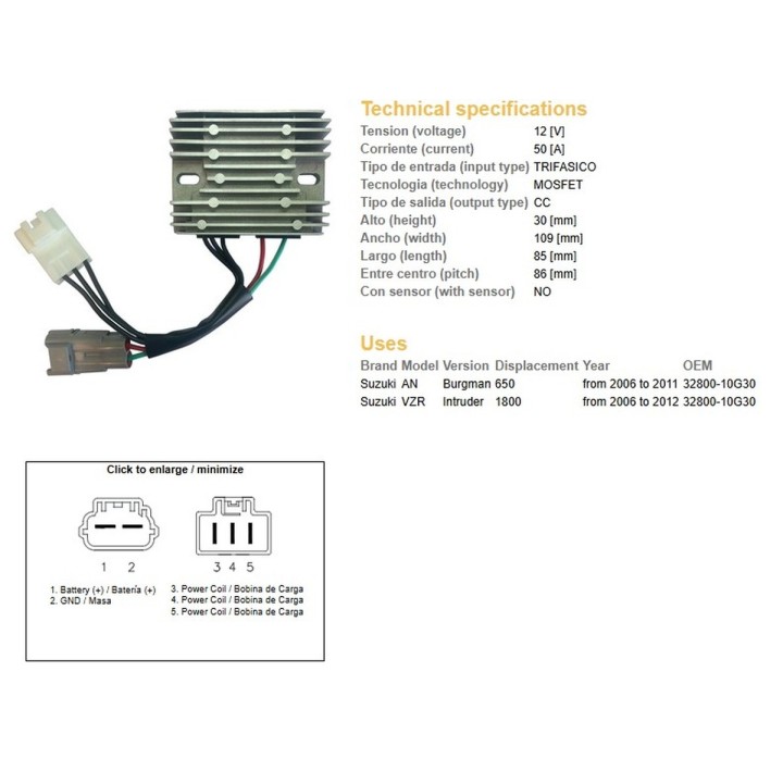 DZE regulator napięcia suzuki an 650 burgman '06-'11; vzr 1800 intruder '06-'12 (oem 32800-10G30) mosfet (50A)