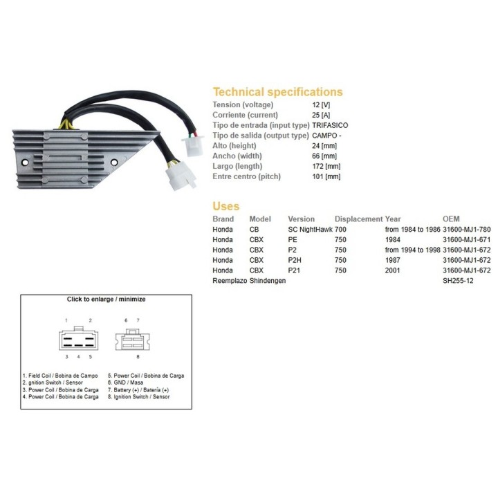 DZE regulator napięcia honda cb 700 nigh hawk '84-'86; cbx 750 '84-'01 (31600-MJ-671, 31600-MJ1-780)