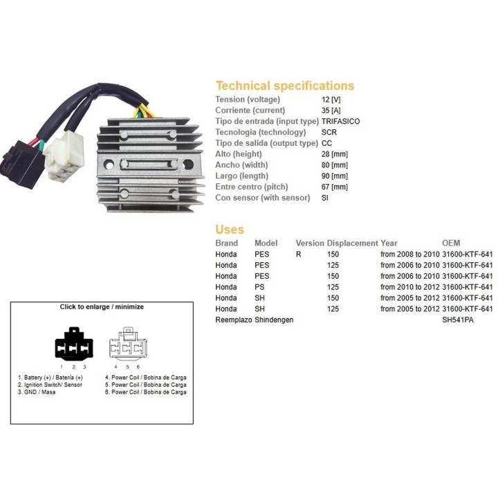 DZE regulator napięcia honda sh 125/150 '05-'12 (35A) (31600-KTF-641) (SH541PA) (ESR910)