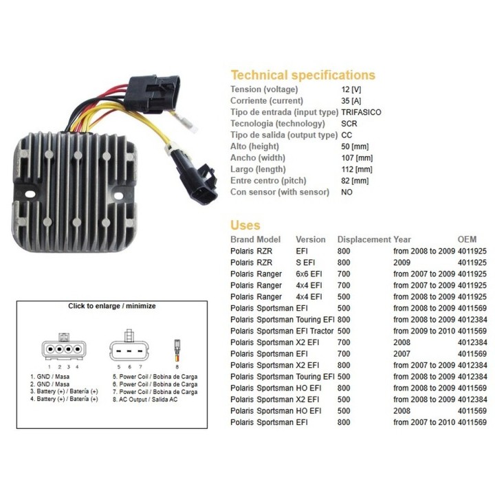 DZE regulator napięcia polaris sportsman efi 500/700/800; ranger efi 500/700/800 (12V/35A) (4012384, 4011569, 4011925) (ESR826)