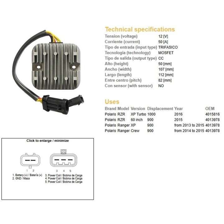 DZE regulator napięcia polaris ranger 900 '13-'15; rzr 900/1000 '15 (50A) (4013978) (ESR829)