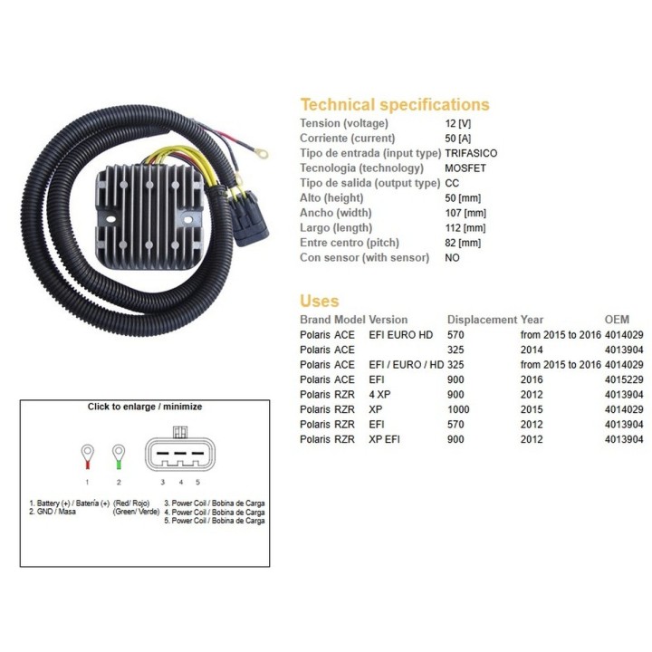 DZE regulator napięcia polaris ace 325 efi '14-'16; 570 efi '15-'16; 900 '16; rzr 570/900 '12; rzr 1000 efi '15; (50A) (oem 401…