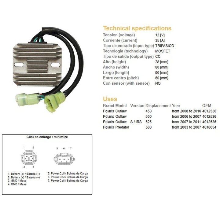 DZE regulator napięcia polaris predator 500 '03-'07; outlaw 400/500/525 '06-'11 (35A) (OEM-4010654, 4012536) (ESR541)