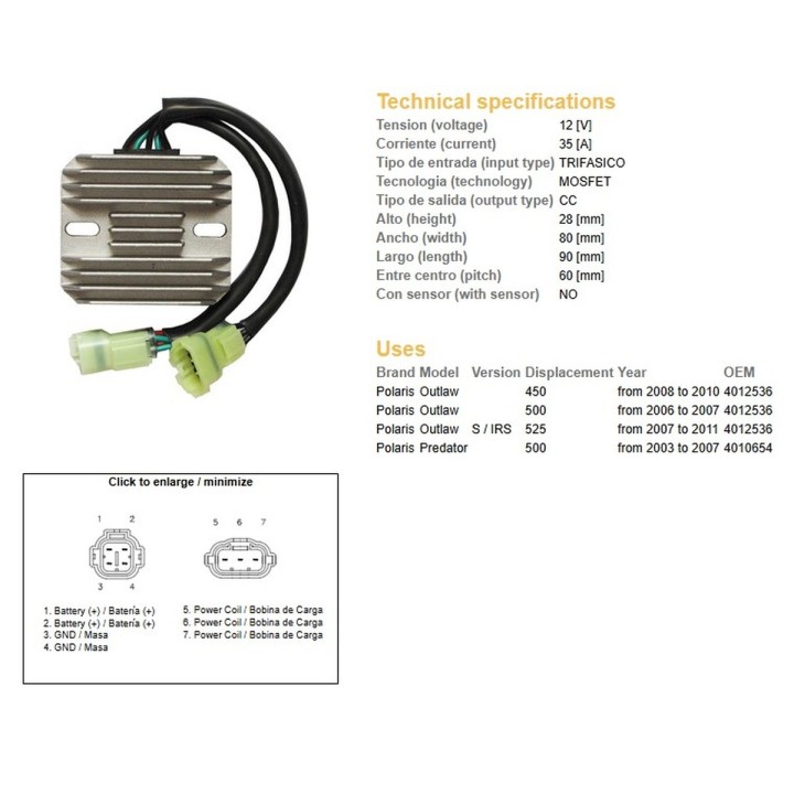 DZE regulator napięcia polaris predator 500 '03-'07; outlaw 400/500/525 '06-'11 (35A) (OEM-4010654, 4012536) (ESR541)